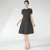 2025 Fashion women's summer dress design a hand-pleated loose round neck solid color versatile short-sleeved  medium and long dress