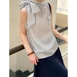 2025  Spring New Hot Style Korean Loose Chic Bow Sleeveless Striped Shirt 8106
