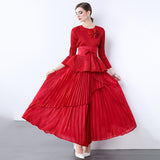 Miyake irregular swing skirt  spring new solid color lace-up pleated waist top dress two suits women