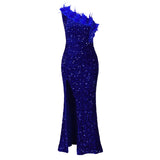 WOLOONG D525  new fashion temperament diagonal collar banquet high waist split long dress dress sequin dress