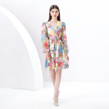 women's clothing  early spring new painted retro V-neck single-breasted printed wide pendulum long dress