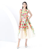 Women's Clothing  Early Spring - Vacation Wrap Lace-Up Style V-Neck Sleeveless Long Vintage Printed Dress