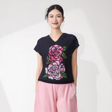 2025 Women's Summer Top Premium Large Size Printed V-Neck Loose Fashion Commuter Versatile Pleated Vest Short Sleeve T-Shirt