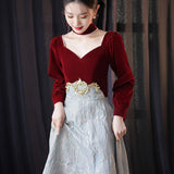 Long Sleeve Toast Bridal Engagement Burgundy Evening Dress  New Fashion Atmospheric Art Examination Dress