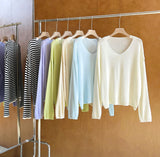 2025  spring new Korean version soft waxy gentle wind V-neck casual blouse sunscreen knitted sweater women's top 51273
