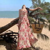 2025 Holiday style chiffon floral dress female sweet fairy belt big halter skirt thin beach temperament long dress
