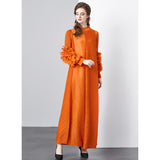 Large petal disc flower stand-up collar pleated long dress women's Miyake loose pendulum long-sleeved coffee break dress wedding banquet