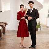 Large size toast dress bride  new long-sleeved burgundy wedding engagement dress large lapel dress