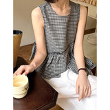 2025 Orange Zhi's new spring black and white plaid sleeveless vest shirt women's design sense irregular ruffle edge top 5897