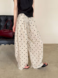 2025  summer new polka dot elastic waist drawstring linen wide-leg pants loose lazy wind 8111-1