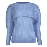 New pleated top women's spring women's clothing solid color long-sleeved crew neck t-shirt niche splicing temperament bottoming shirt
