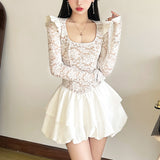 2025 style popular winter new women's clothing exquisite lace hollow lace contrasting color splicing long-sleeved dress