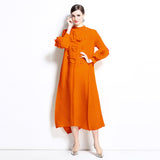 Miyake three-dimensional flower long dress women's new solid color bead applique bubble sleeve disc flower semi-turtleneck pleated dress