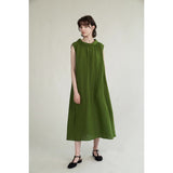 Cotton and linen wear neckline pleated belt sleeveless dress  summer new green simple dress