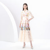 Early Spring - Vacation Wrap Lace-Up Style V-Neck Long Sleeve Vintage Lace Patchwork Printed Dress