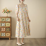 Polka dot cotton and linen dress for women  summer new Korean version fashion bubble sleeves dopamine wear long dress for women