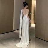 2025 high-end sense niche satin temperament suspender morning robe female bride engagement certificate white dress photo dress