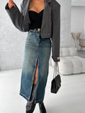 2025 Retro fashion  New high waist split denim skirt washed slim hip skirt medium and long skirt women