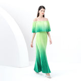 women's clothing  early spring new gradual change holiday wind one-word shoulder ruffle edge holiday printing long dress