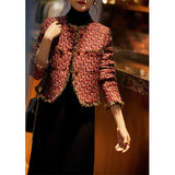 2025 Heavy Industry Premium Wool Xiaoxiangfeng Jacket Red Woven Tweed Thousand Birds Plaid Women's Autumn and Winter Short