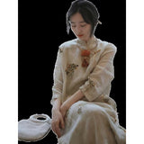 Chinese design Hanfu women's robe-style dress  summer retro national style literary ramie printed cheongsam