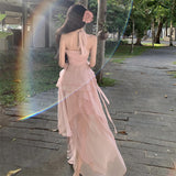2025 Sanya Thailand island vacation dress cherry blossom powder atmosphere fairy irregular elegant neck seaside dress