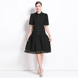 lace hollow splicing bubble sleeve temperament dress women's  summer new white loose medium and long dress