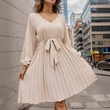 2025 Popular trade women's clothing popular  summer fashion V-neck long-sleeved lace-up waist pleated dress