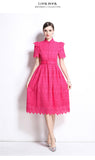 summer new  retro niche stand-up collar ruffle edge splicing waist hollow embroidery short-sleeved dress