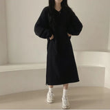 WOLOONG Korean version solid color autumn and winter POLO collar spring and autumn 2023 new velvet loose lazy style long fat mm dress