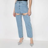 2025 Hot trade wholesale fashion niche diamond beads design sense middle waist straight long thigh hollow jeans women's clothing