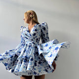 summer new V-neck low-cut  hot girls high waist waist fashion floral princess dress women