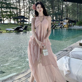 2025 Sanya Thailand island vacation dress cherry blossom powder atmosphere fairy irregular elegant neck seaside dress