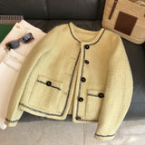 2025 light luxury wool Xiaoxiangfeng jacket temperament fashionable yellow tweed  spring and autumn new short top