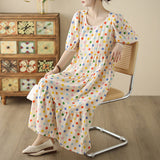 Polka dot cotton and linen dress for women  summer new Korean version fashion bubble sleeves dopamine wear long dress for women