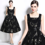 retro square collar sleeveless heavy industry bronzing jacquard waist pendulum dress socialite elegant dress long dress