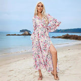 Popular trade 2025 women's clothing 2025 summer V-neck ruffle edge split long dress with strap waist print dress