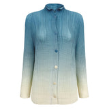 spring gradual change pleated chiffon shirt versatile casual small open neck sweet thin long sleeve printed top women