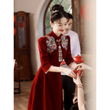 New Chinese Cheongsam Toast Bridal Engagement Wedding Evening Dress Red  New Velvet Long Sleeve Dress