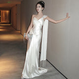 2025 high-end sense niche satin temperament suspender morning robe female bride engagement certificate white dress photo dress