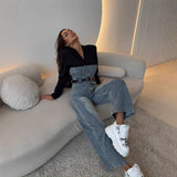 women's Popular trade suit splicing denim jumpsuit high waist casual straight slim jumpsuit women