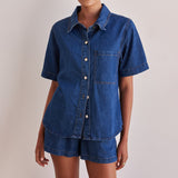 2025 Casual wind  summer new New Popular trade washed retro solid color short-sleeved shirt shorts denim suit women
