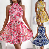 New Popular trade 2025 women's clothing popular summer sleeveless neck skirt lace-up waist floral dress