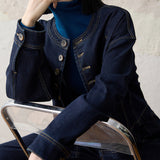 2025 Contrast color stitch collarless denim short jacket/cocoon jeans set, spring and autumn women's clothing short spring new