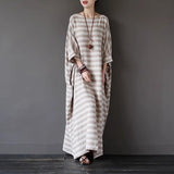 spring new ethnic style literary and retro robe medium and long retro loose striped cotton and linen dress women