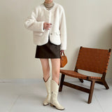 2025 friendly mink round neck high-end single-breasted short pocket imitation mink coat ferret jacket warm autumn and winter women