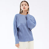 New pleated top women's spring women's clothing solid color long-sleeved crew neck t-shirt niche splicing temperament bottoming shirt