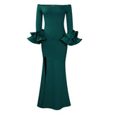 WOLOONG D481 New Hot Trade Women's Temperament One-word Collar Sexy Split Lotus Leaf Sleeve Long Dress Banquet Party Evening Dress