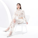 women's clothing  early spring new vacation style stand-up collar hollow lace lantern sleeve top trousers two-piece set