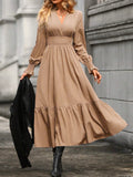 Popular trade 2025 women's clothing  popular spring and autumn fashion solid color lantern long-sleeved V-neck pendulum dress